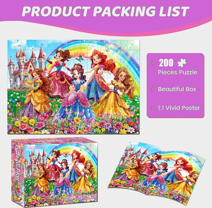 Puzzles for Kids Ages 6-8, 200 Piece Puzzles for Kids- Princess Puzzle | 200 Piece Jigsaw Puzzles for Kids Ages 8-12 Year Old and Adults.Colorful Children Puzzles for Girls and Boys Educational Toys