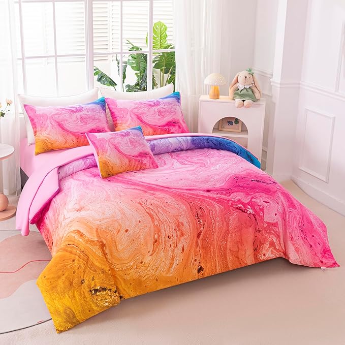 4Pcs Tie Dye Full Size Comforter Set for Girls Kids, Colorful Girls Bedding Set Full, Soft Kids Bed in A Bag (1 Comforter, 1 Flat Sheet, 2 Pillowcases)