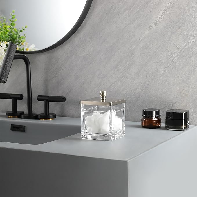 Apothecary Glass Cotton Jar Holder Brushed Nickel Stainless Steel Lid, Elegant Bathroom Storage Canister for Qtips, Cotton Balls, Floss, Makeup Organizer, Vanity Bathroom Organization