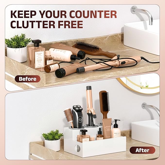 Casavita White Hair Tool Organizer with Heat-Resistant Mat - Durable Acrylic Makeup Organizer Countertop for Blow Dryers, Flat/Curling Irons, & Toiletries - Stainless Steel Cups, Cord Management