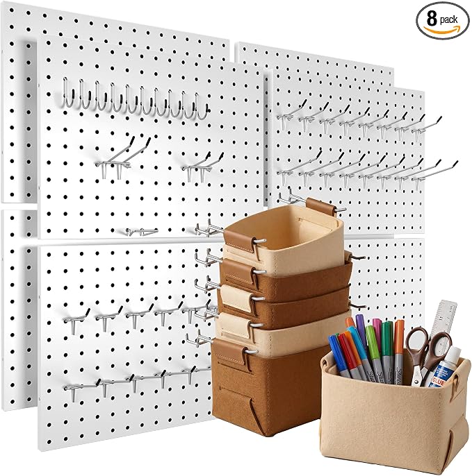 Spampur 8 Pack Peg Board Organizer, Includes Metal PegBoard and Accessories | White Pegboard Panels with 50 Pcs Hooks and Baskets, Wall Organizer for Office, Craft Room Organization, Garage, Sewing Room