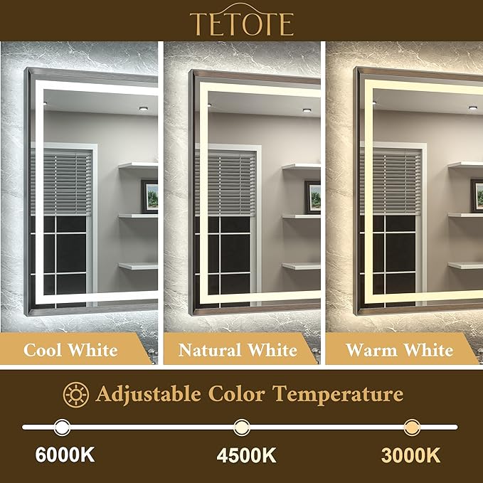 TETOTE 40 x 32 Bathroom LED Mirror Brushed Gunmetal Gray Frame Frontlit & Backlit Vanity Mirror Anti-Fog Stepless Dimmable 3 Colors White/Warm/Natural Wall-Mounted