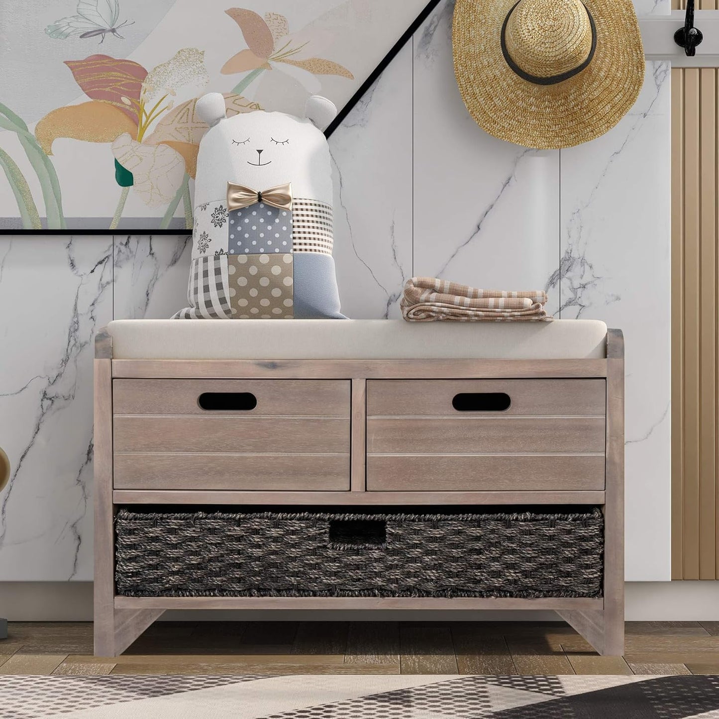 Storage Bench Removable Basket 2 Drawers Fully Assembled Acacia Wood Shoe Bench Standing Shoe Rack Removable Cushion for Living Room, Entrance Hallway, No Assembly Required White Washed
