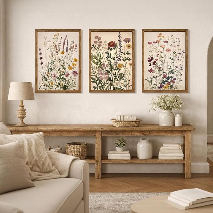 WRFON Botanical and Flower Canvas Wall Art, Framed Wildflower Wall Art Set of 3