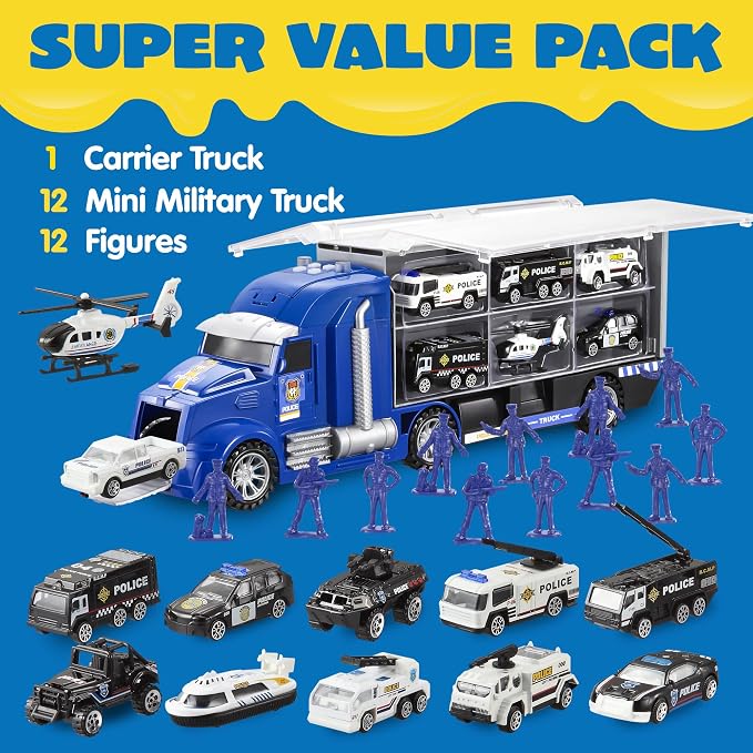 JOYIN 25 in 1 Police Rescue Truck Car Toy Set with Sounds and Lights, Mini Vehicles in Carrier Truck, Play Police Patrol Rescue Vehicle Toy, Birthday Gifts for Over 3 Years Old Boys