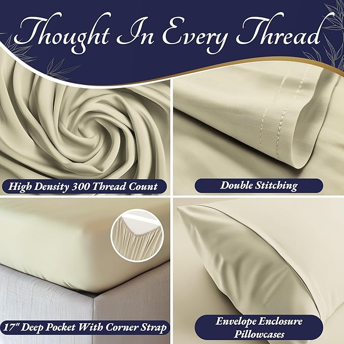 DECOLURE 100% Viscose Derived from Bamboo Sheets Twin Size 3pcs - Ultra Soft & Luxuriously Cooling, 17" Deep Pocket, Double Stitching, Perfect for Hot Sleepers - Twin Bed Sheets (Creme)