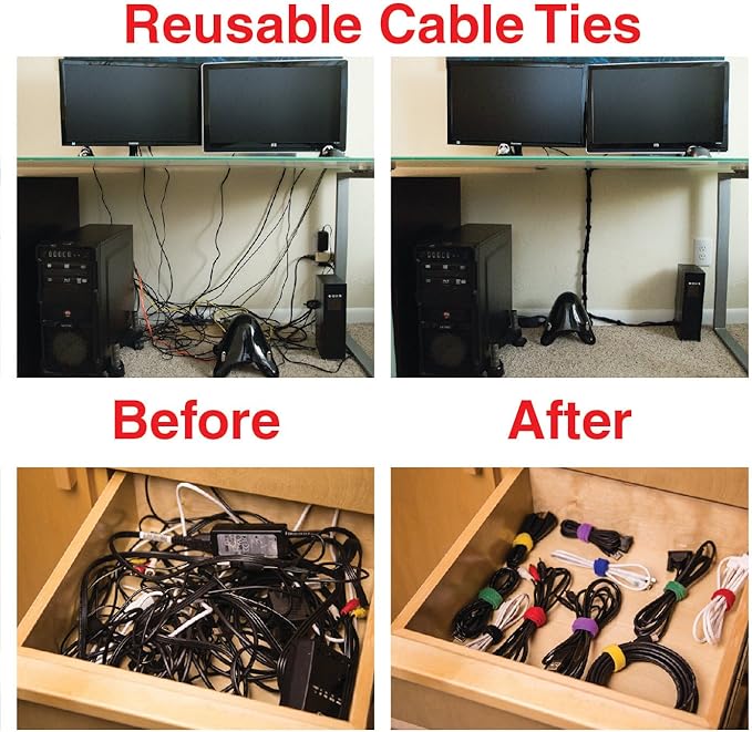 Cable Clips White with 3M Adhesive, Multipurpose Small Wire Clamps for Cable Management and Cable Runs - 50 Pack Black Bundled with 10 Reusable Cable Ties, Screws Included for Permanent Mounting