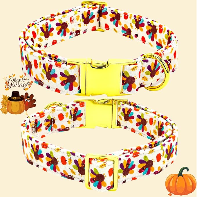 Thanksgiving Dog Collar, Turkey Dogs Collars Bow Tie Pet Collar Adjustable Pet Collars Premium Metal Buckle Autumn Leaf Necklace for X-Large Dogs