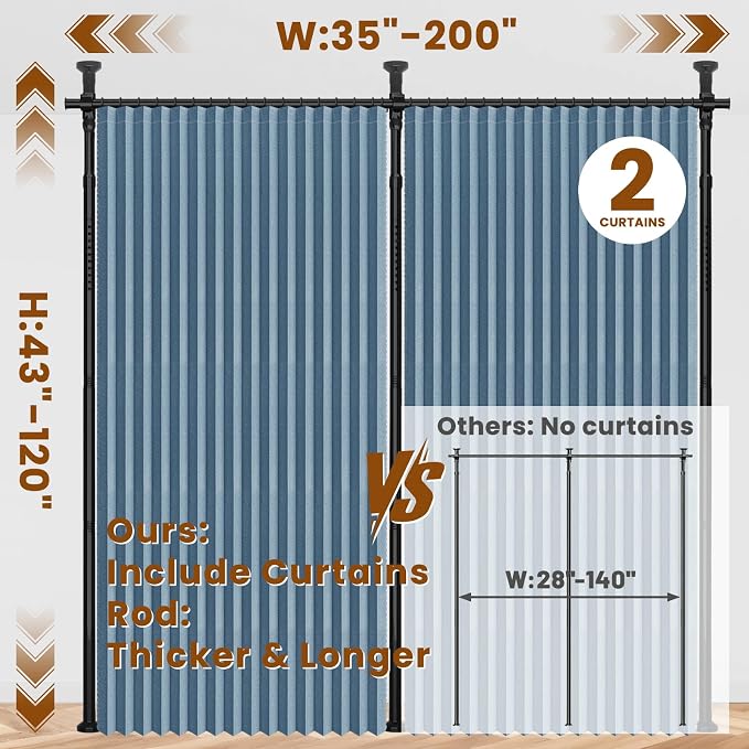 100% Blackout Room Divider Curtains Sets Blue 2 Panels W100 x L96in No Drill
