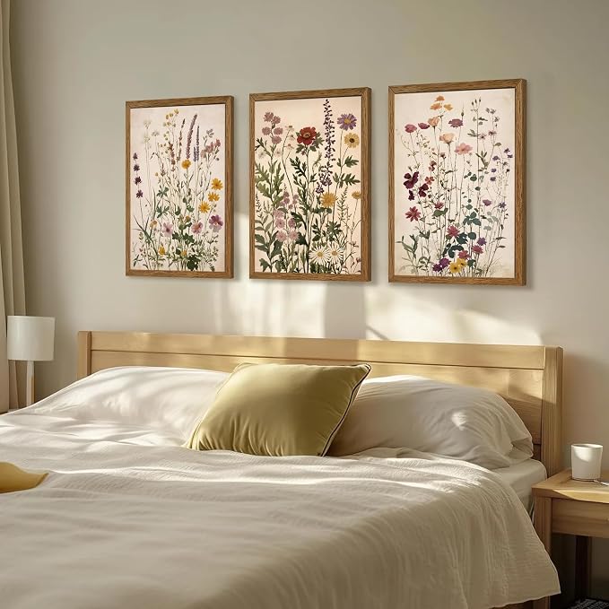 WRFON Botanical and Flower Canvas Wall Art, Framed Wildflower Wall Art Set of 3
