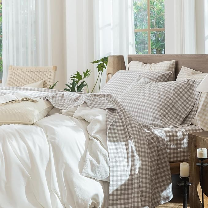MooMee Gingham Sheet Set 100% Washed Cotton Linen Like Textured Breathable Soft w/Fully Elasticized 16-19" Deep Pocket (Classic Gingham Tannish Linen Grey, King)