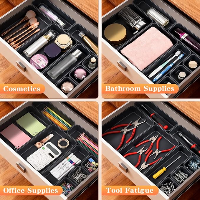 8PCS Plastic Interlocking Drawer Organizer, 3 Sizes Versatile Desk Drawer Organizer Trays, Drawer Dividers, Organization and Storage Bins for Tools, Office, Jewelries, Kitchen Utensils and Makeup