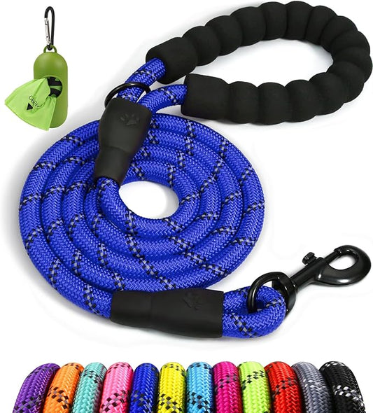 Taglory Rope Dog Leash 5 FT with Comfortable Padded Handle, Highly Reflective Threads Leash and Anti-Tangle Clip for Walking Medium Large Dogs, 1/2 inch, Navyblue