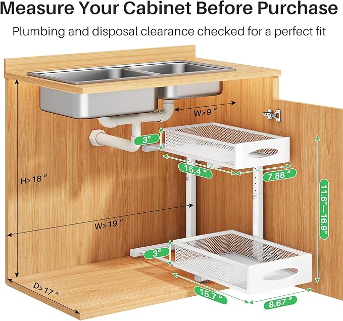 Under Sink Organizer, 2 Pack 2 Tier Pull out Cabinet Organizer Baskets with Mesh Sliding Drawers, Slide out Sink Storage Shelves for Kitchen, Bathroom, Pantry, Cabinet Organizers and Storage(White)
