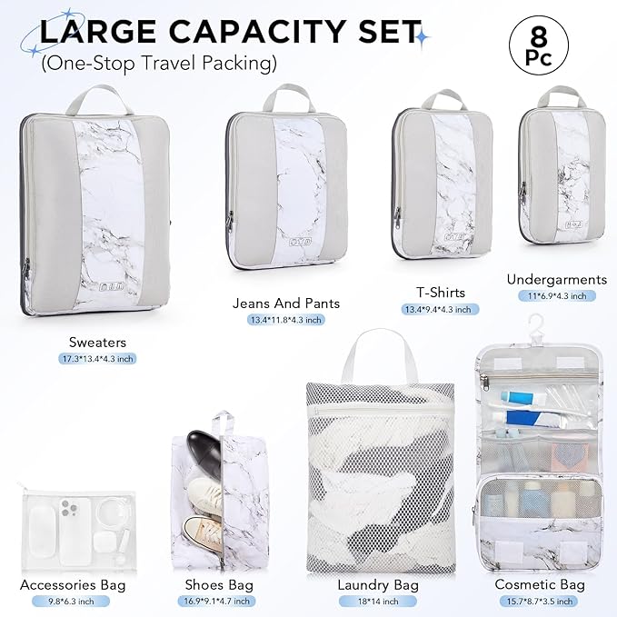 8 Set Compression Packing Cubes for Travel Essentials,Compressible Expandable Packing Cubes for Suitcase,OlarHike Luggage Organizer Bags for Travel,Handy Helper for Organizing Clothes(White Marble)