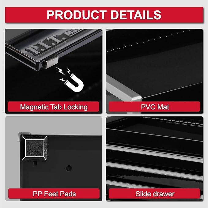 P.I.T. Mini Black Tool Box, Portable 3 Drawer Steel Stackable Tool Box with Magnetic Tab Locking, Black Micro Top Chest with Liner for Tools Storage and Organizers, Home DIY
