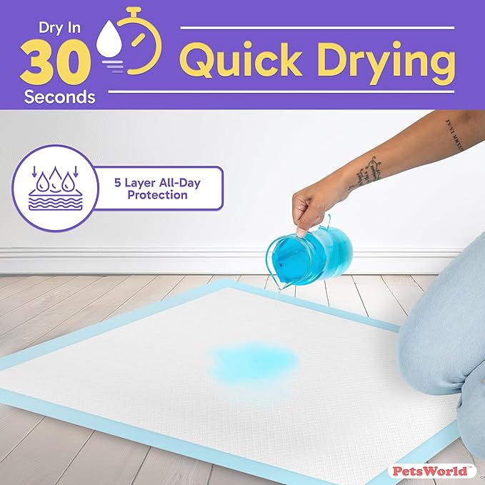 PetsWorld XL Dog Pee Pads 30"x36", 600-Count – Heavy Duty, Leak-Proof Potty Training Pads for Puppies & Large Dogs, Super Absorbent, Quick-Dry Disposable Pads with Odor Control