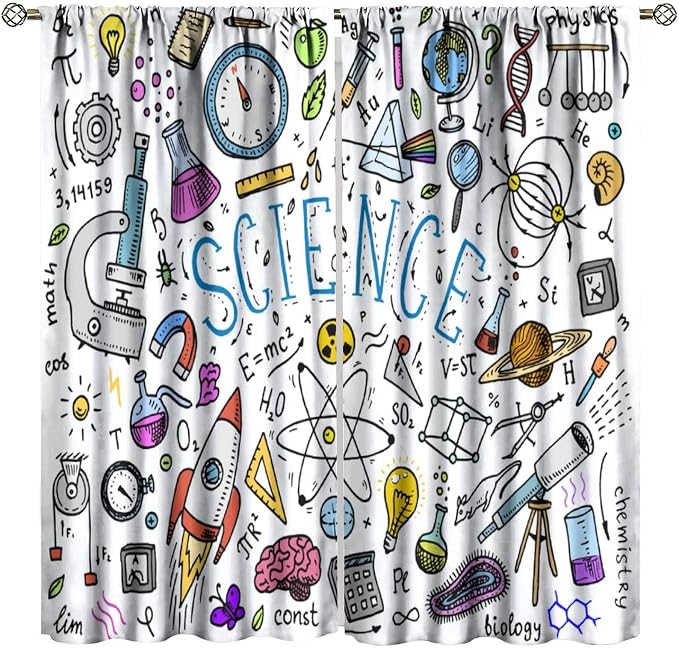Science Symbols Kids Curtain Sketches Cartoon Chemistry Physics Geometry Education Pattern Print Window Drapes for Bedroom Living Room Kitchen Decor,2 Panel Set,72x63 Inch Blackout