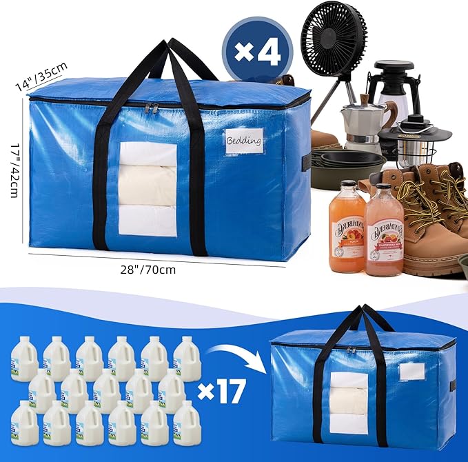TAILI Extra Large Moving Bags, 4 Pack Blue Heavy Duty Totes For Storage with Visible Window, Wrap Around Handles, Storage Bags for Space Saving, Alternative to Moving Boxes