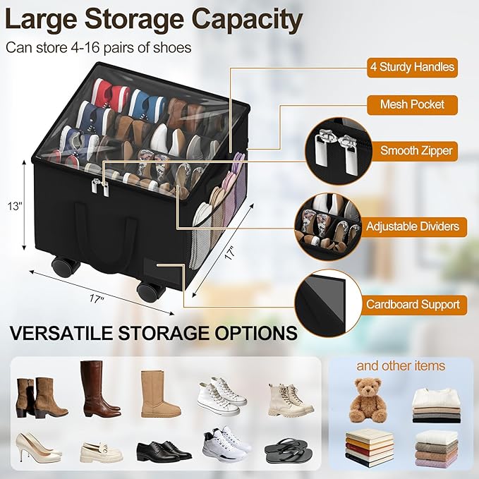 Large Shoe Organizer for Closet, Adjustable Dividers Shoe Storage Box Bins with Wheels Clear Cover Reinforced Handle Side Pocket Fits up to 16 Pairs, Foldable Shoe Organizer for Entryway Black