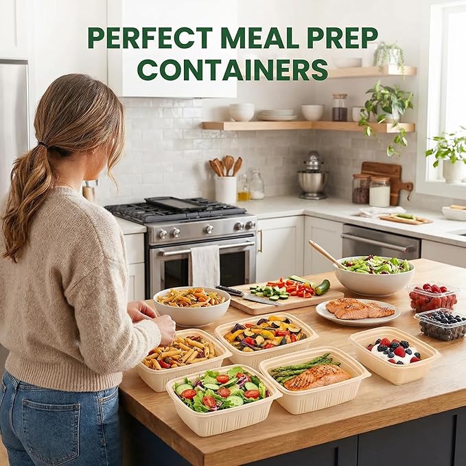 100 Piece (50 Pack) Meal Prep Containers with Lids,32 oz Resuable Cornstarch Material Salad Containers, Plant-based Lunch Boxes, Plastic Take Out Bowls BPA Free, Microwave Freezer Safe, Stackable