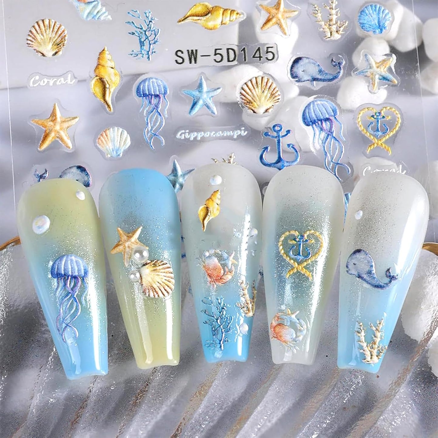 Summer Nail Art Stickers Decals Beach Style Nail Decals Self Adhesive 5D Shell Coconut Tree for Women Nails Design Decoraion 3D Beach Mails Stickers Supplies