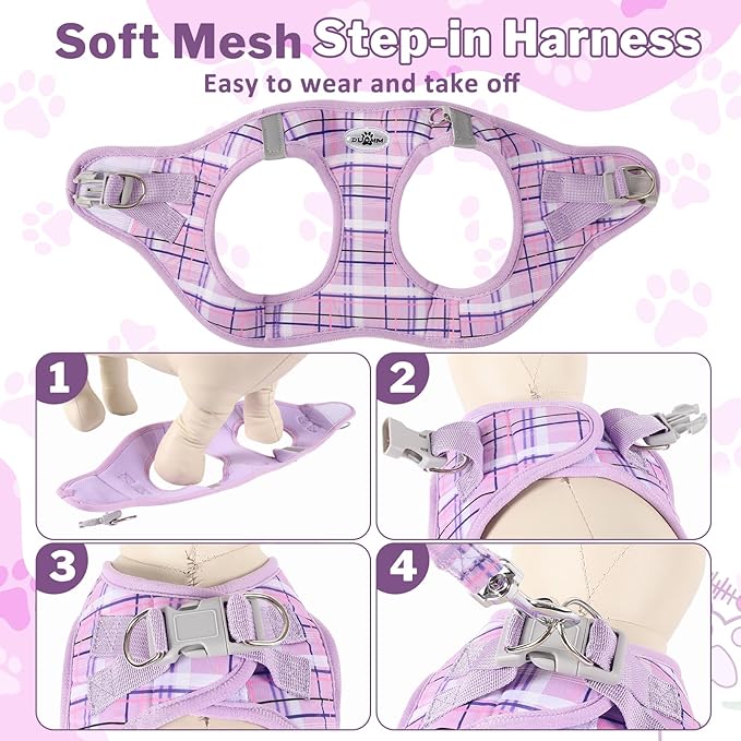 Gyuzh No Pull Dog Harness - 3-in-1 Step in Harness Collar Leash Set for Small Dog Walking & Training, Easy Walk Style, Lightweight Plaid Vest (Purple, M)