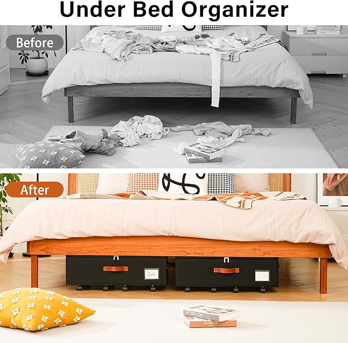 Under Bed Storage Organizer with Wheels, Underbed Container with Clear Lid Cover, Storage Bag Box with Visiable Window for Clothes, Bedsheet, Pillow, 2 Pack，7.5 inches