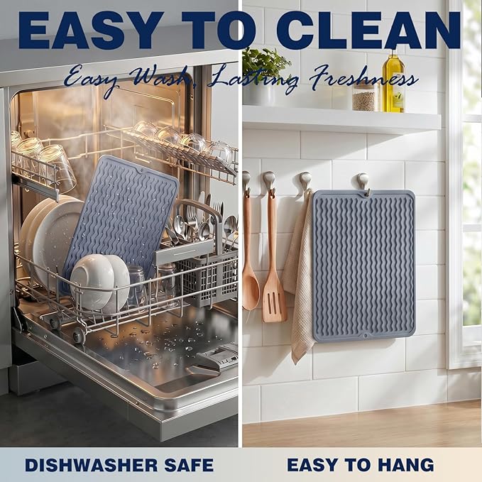 CAKETIME 2 Pack Silicone Dish Drying Mat for Kitchen Counter Multiple Usage for Cooking Grilling Under Sink Office Coffee Accessories Appliances Pioneer Woman Stuff Extra Large 18"x16" Blue