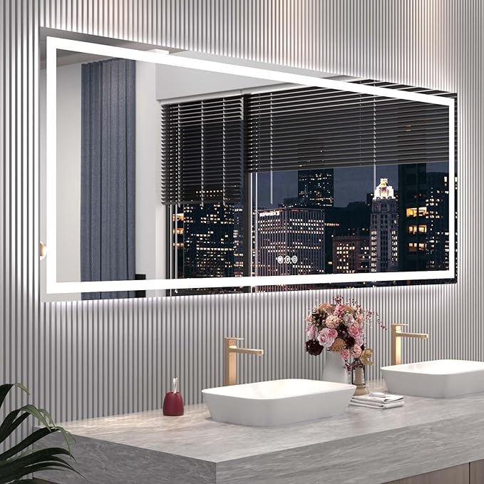 84"X32" LED Bathroom Mirror with Front Lights and Backlit, Anti-Fog, Dimmable, Shatter-Proof Tempered Glass, Lighted Bathroom Vanity Mirror for Wall with 3 Colors, Memory Function