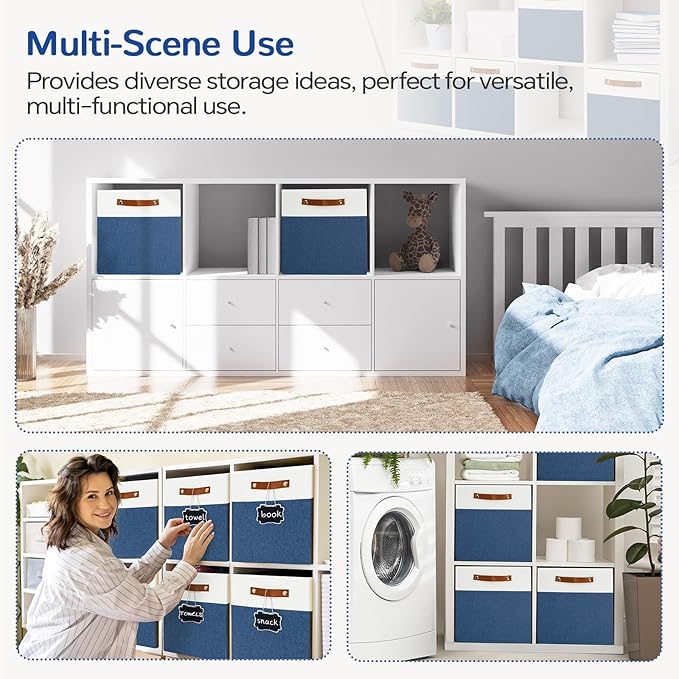 13x13 Storage Cubes 4-Pack, Large Foldable Fabric Cube Storage Bin with Reinforced Bottom and Labels, Organizer Baskets for Shelves, Closets(White/Blue)
