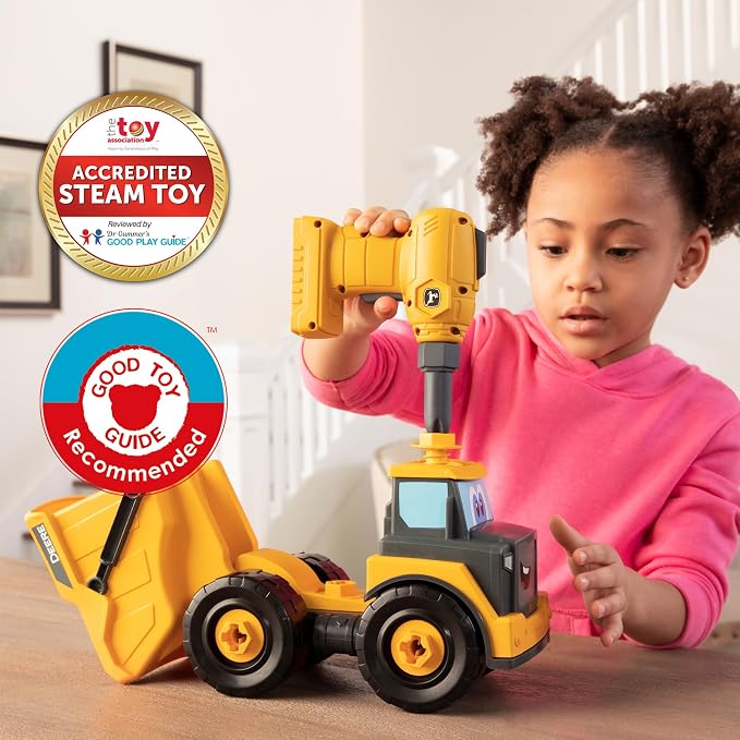 Build-A-Buddy John Deere Dump Truck Toy - Buildable Dump Truck Take Apart Toys with Toy Drill - AA Batteries Included - STEM Building Toys - Yellow - Construction Toys for Kids Ages 18 Months and Up