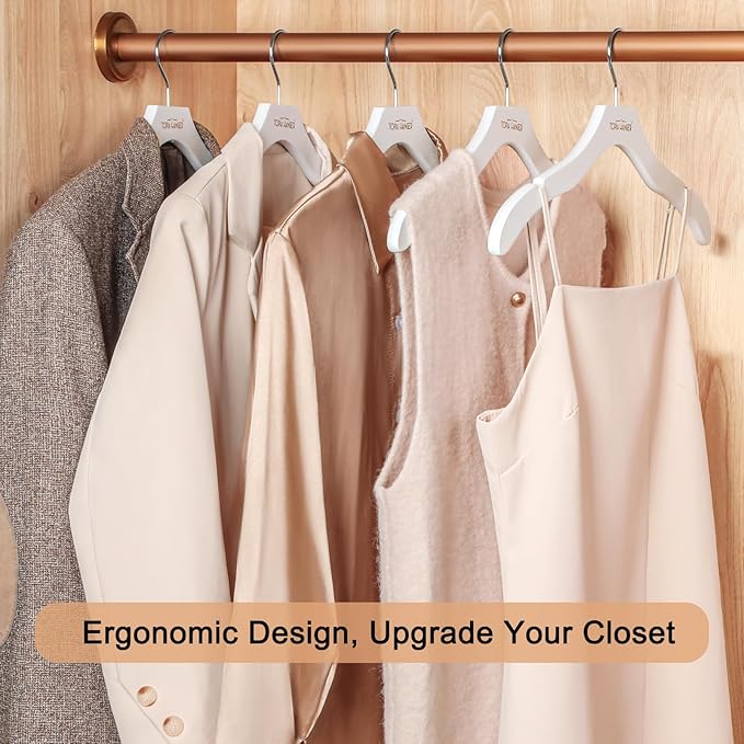 TOPIA HANGER Wooden Coat Hangers 12 Pack, Premium Wood Suit Sweater No Shoulder Bump Hangers, 360° Swivel Hook and Cut Notches Clothes Hangers for Sweater, Coat, Shirts, Hoodies, Dress, White CT84W