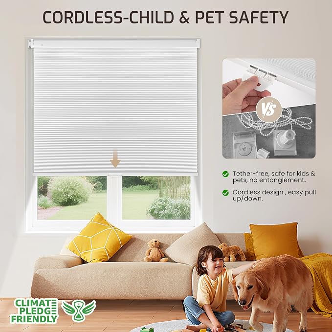 Grandekor No Drill No Tools Cordless Cellular Shades, 27.5" W x 64" H, UV