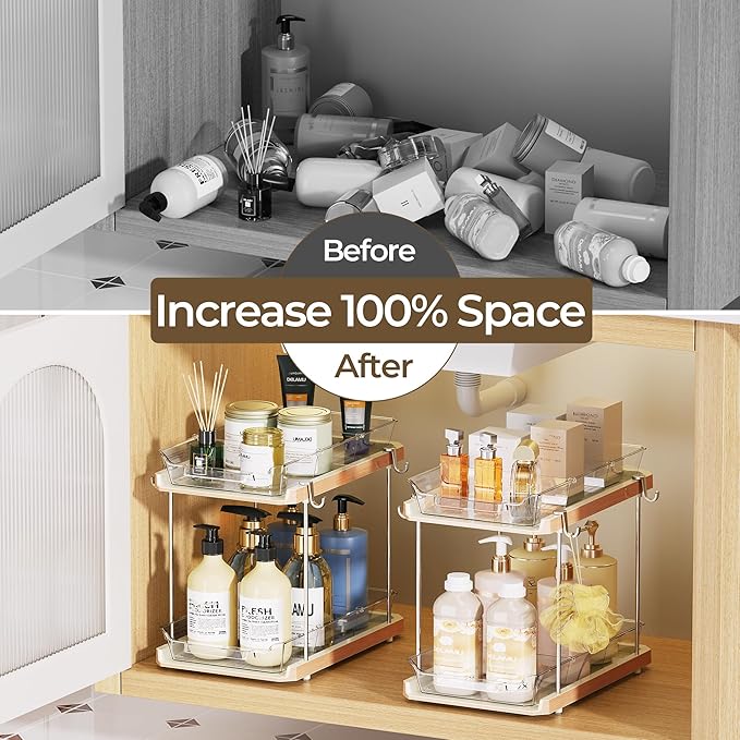 Delamu 2 Tier Under Sink Organizer Bathroom, Bathroom Cabinet Organizer with Snap-Lock Design and Hooks, Pull Out Storage with Movable Dividers, for Countertop, Kitchen and Pantry (Wood Grain, 4 Pack)
