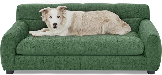 38" Dog Couch Bed for Large with Backrest and Armrest, Modern Pet Bed Comfortable Dog Couch for Medium and Large Dogs, Linen Fabric (Green)