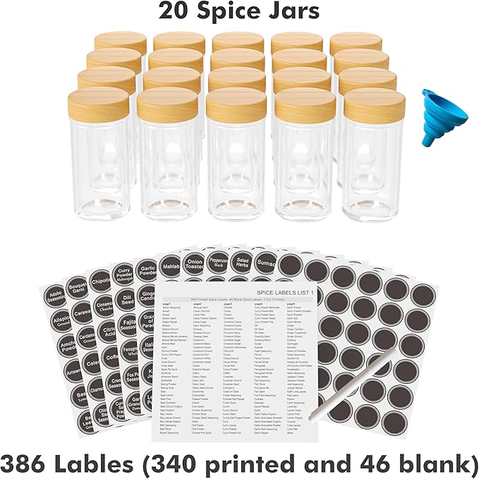 New England Stories Revolving Spice Rack Set with 20 Spice Jars, Kitchen Spice Tower Organizer for Countertop or Cabinet - Carousel Storage Includes 386 Spice Labels (Bamboo)