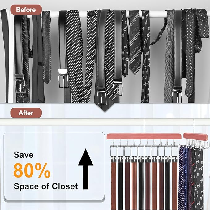 TOPIA HANGER Cedar 2 in 1 Belt Tie Hanger for Closet Max 30 Belts with 30 Ties Capacity, 20 Hooks Belt Tie Racks Hanger for Closet Organizer Storage “U” Fit Belt and “一” Fit Tie - CT53C