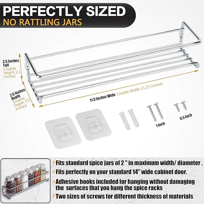 Wall Mount Spice Rack Organizer for Cabinet Door - Set of 4 Hanging Spice Shelves in Chrome- 11.5 x 2.5 x 2.5 Inches.
