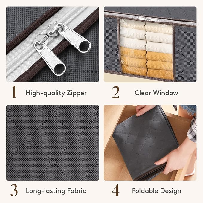 Lifewit 6 Pack Clothes Storage Bag, Foldable Storage Bin Closet Organizer with Reinforced Handle, Sturdy Fabric Blanket Storage with Clear Window, Storage Containers for Clothing, Bedding, Gray