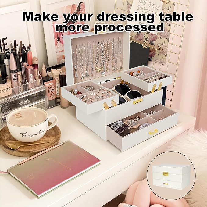 Dajasan Jewelry Box for Women, 3 Layers Large Jewelry Organizer Box, Jewelry Storage Case for Earring, Ring, Necklace, Bracelets (Cloud White + Gold)