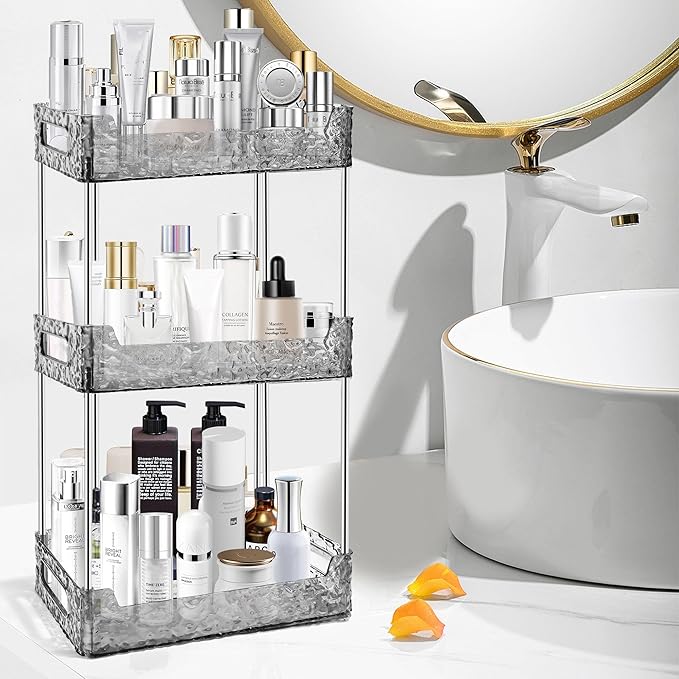 3-Tier Bathroom Counter Organizer Countertop Storage, Dresser Organizer Vanity Tray for Makeup, Perfume Organizer Cosmetics Skincare Shelf - Grey