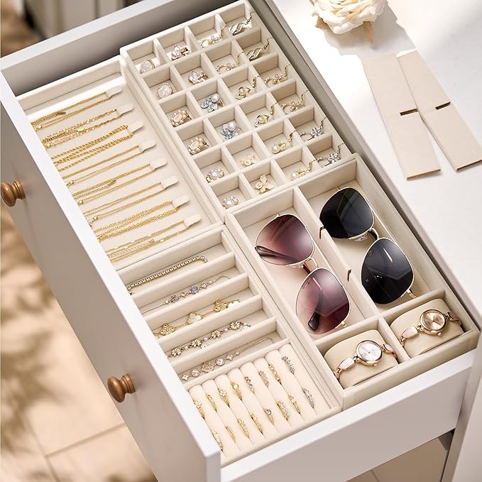 Velvet Jewelry Drawer Organizer Trays – 4-Layer Stackable Jewelry Storage Inserts Set, Beige Jewelry Tray Set for Earrings, Rings, Necklaces, Bracelets with Removable Dividers for Dresser & Vanity