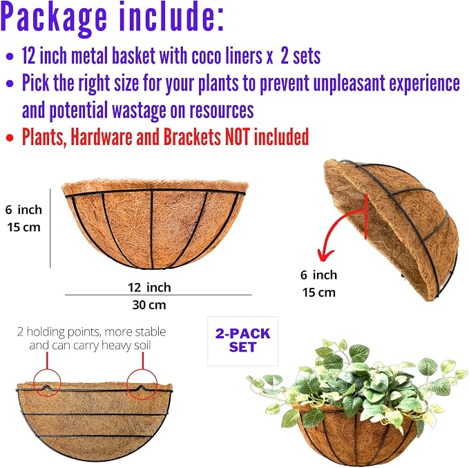LaLaGreen Wall Hanging Planters, 2 Pack, 12 Inch Wall Mounted Flower Baskets