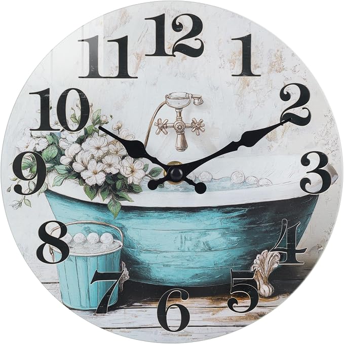 Silent Wall Clocks for Bathroom, Rustic Style Waterproof Glass Wall Clock for