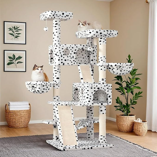 WEEWAY Cat Tree Tower for Indoor Cats,65'' Multi-Level Cat Furniture Activity Center,Stand House Condo Cave,Sisal Scratching Posts Ramps,Plush Perches Platforms Basket Hammock, White&Black Spot