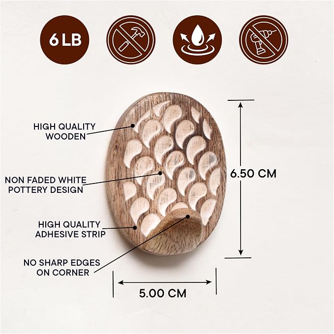 Indian Shelf 6 Lb- 6 Pieces Decorative Wood Adhesive Wall Hooks–Boho Peel and