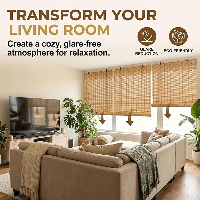 Glimer Bamboo Blinds for Interior Windows, Natural Roll Up Bamboo Shades for