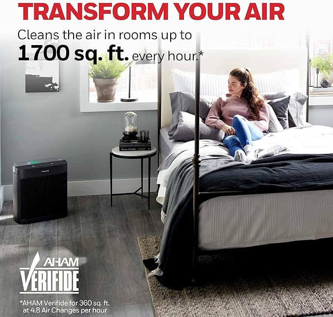 Honeywell HEPA Air Purifier for Home, 1733 Ft² Rooms in 1 hour, Air Quality Indicator, Auto Mode, Reduces Allergens, Dust, Pollen, Smoke, Pet Dander, Odors, Black, HPA5200