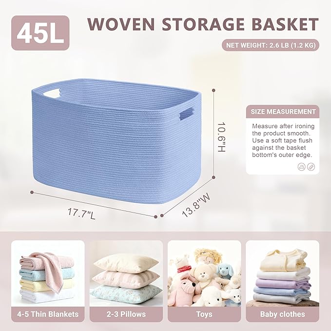 45L Small Baby Girls Laundry Basket for Nursery Storage,Cute Woven cotton Rope Baskets for Kids Toy，Gifts, Boho Square Wicker Blanket hamper for Living Room,Bedroom Dirty Clothes,Blue Purple